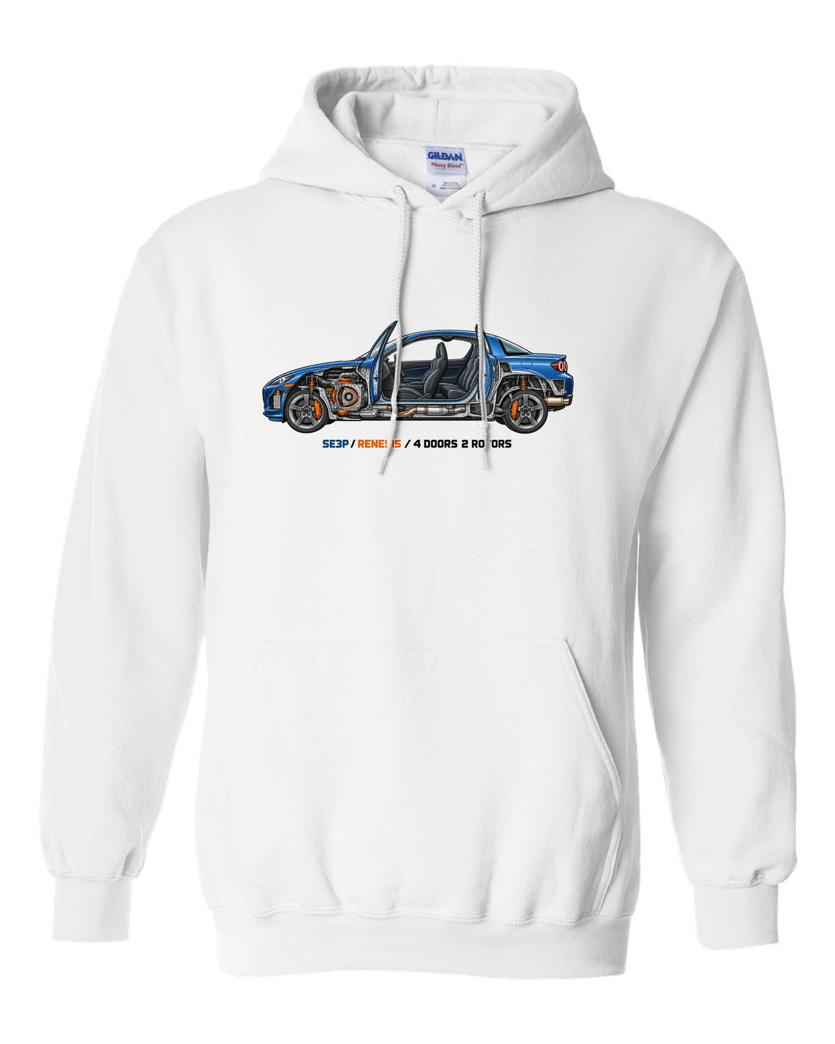 Technical cutaway illustration of the Mazda RX-8 SE3P with RENESIS and 4 DOORS 2 ROTORS lettering white pull over hoodie front view with the design