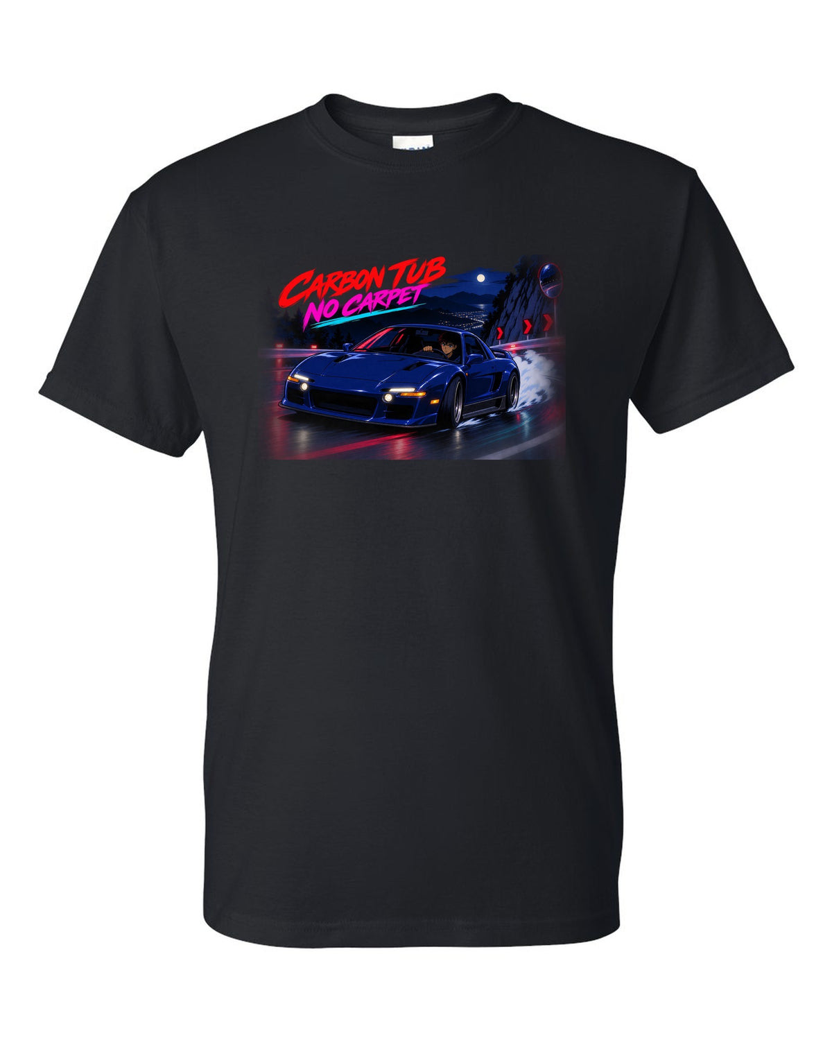 Cel-shaded anime night touge scene with an Alfa Romeo 4C and carbon tub no carpet text black t-shirt front view with the design