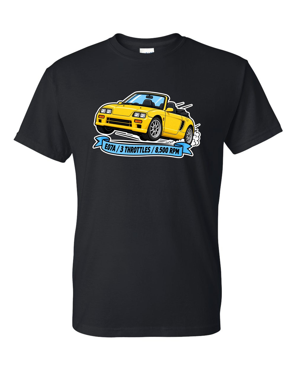 Sticker-style illustration of a Honda Beat PP1 with E07A engine and 8,500 rpm lettering black t-shirt front view with the design
