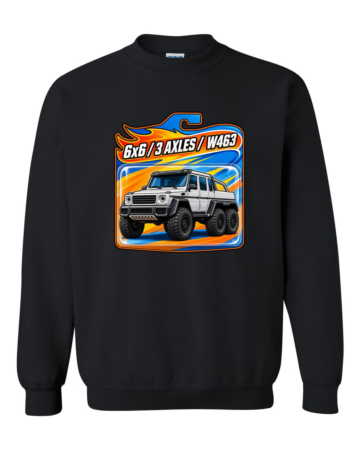 Toy blister card graphic of a Mercedes G63 6x6 W463 with three axles, print black crewneck front view with the design