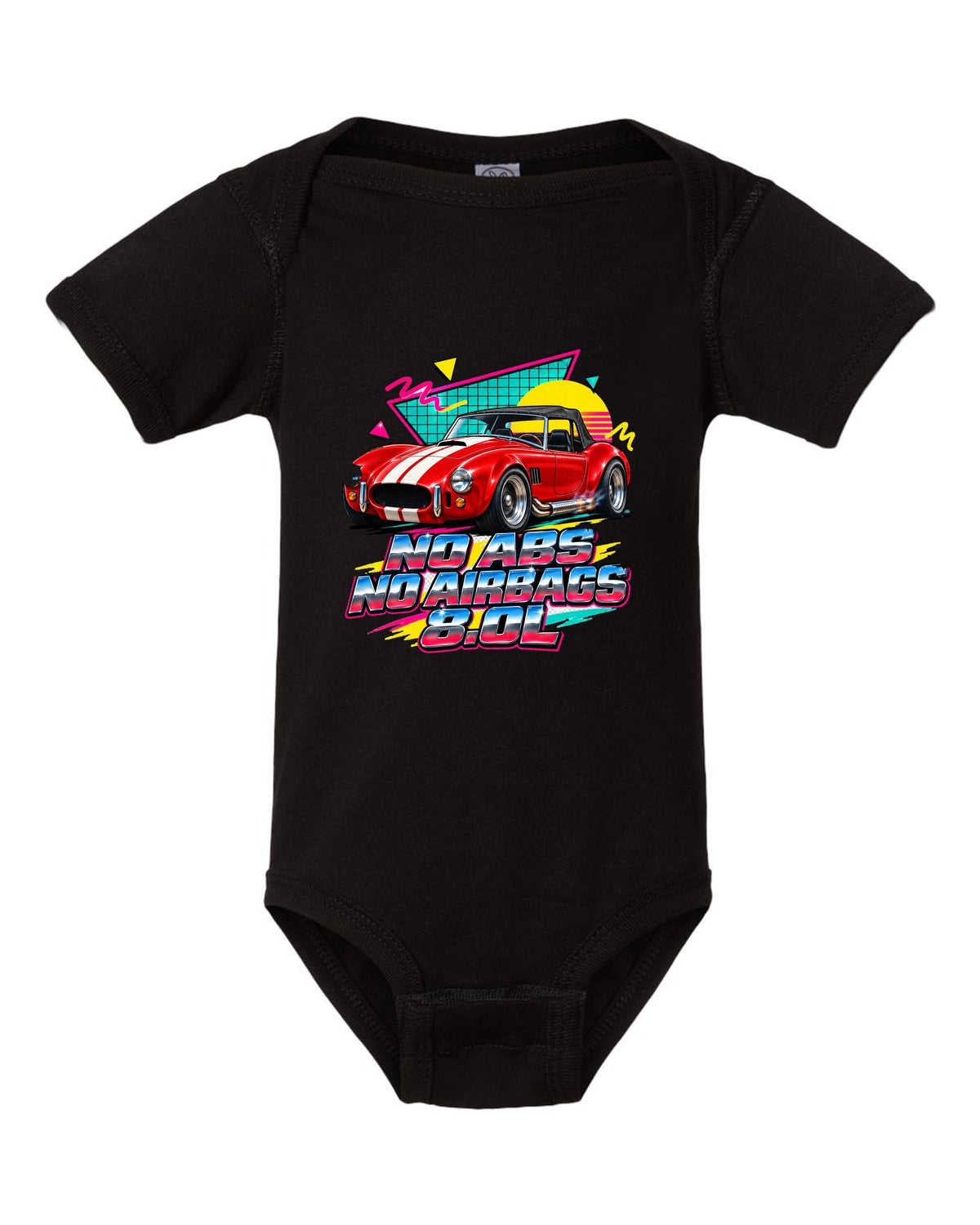 Airbrushed 90s Memphis grid print of a 1992 Dodge Viper RT/10 with no ABS text black baby onesie front view with the design