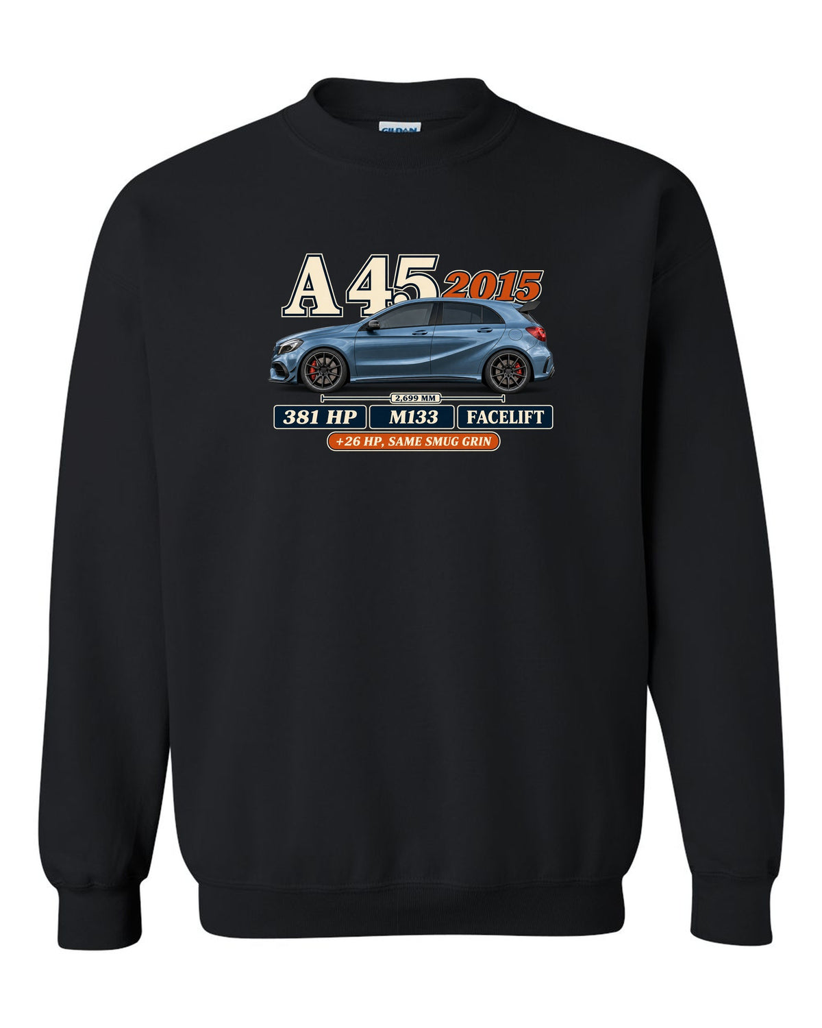 Mercedes-AMG A45 W176 facelift 2015 archive panel print black crewneck front view with the design
