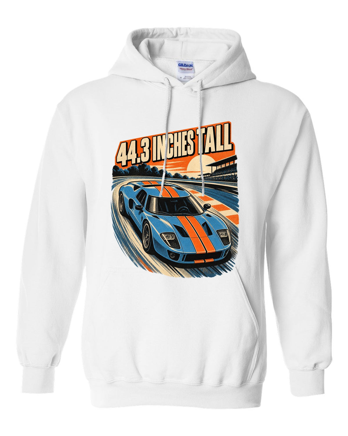 Ford GT 2005 overhead in a retro 1960s Le Mans poster print white pull over hoodie front view with the design
