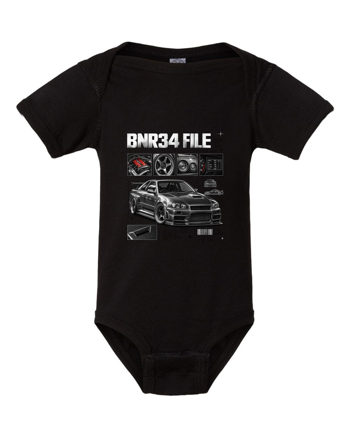 Dossier panel print of a Nissan Skyline GT-R R34 V-Spec II Nur with 718 built text black baby onesie front view with the design