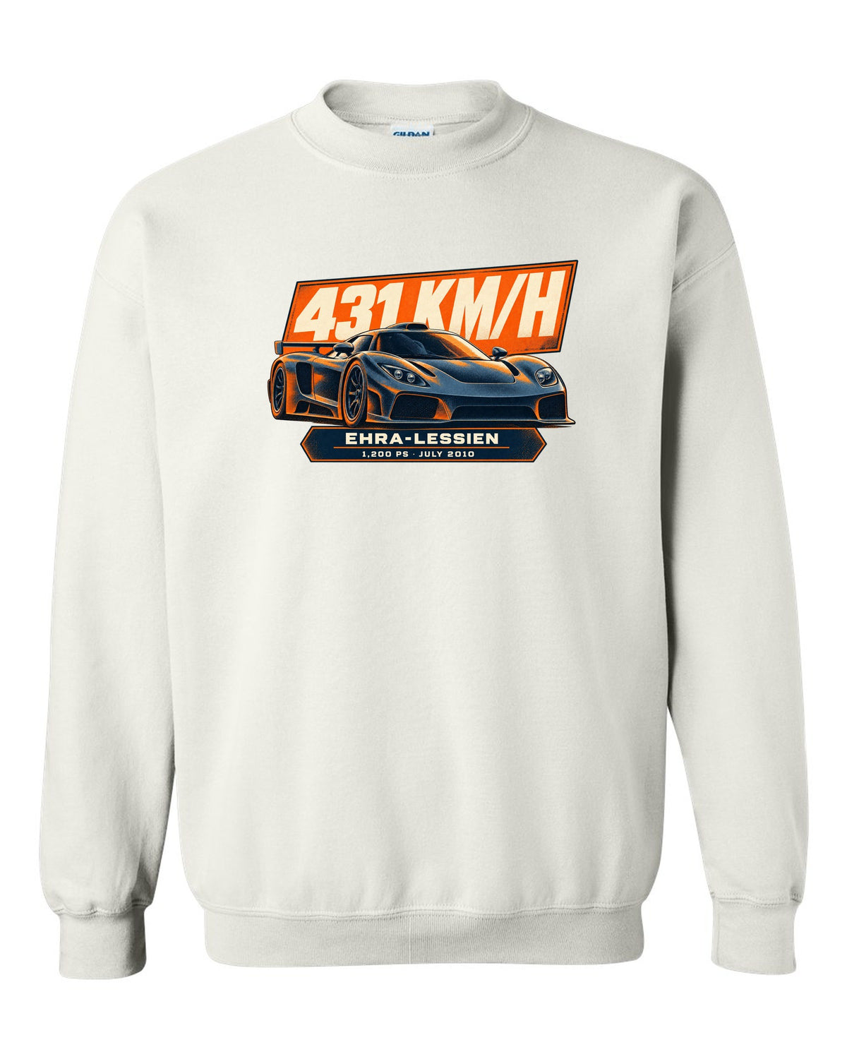 Halftone poster-style Bugatti Veyron 16.4 Super Sport with record-run text on the front of a tee white crewneck front view with the design