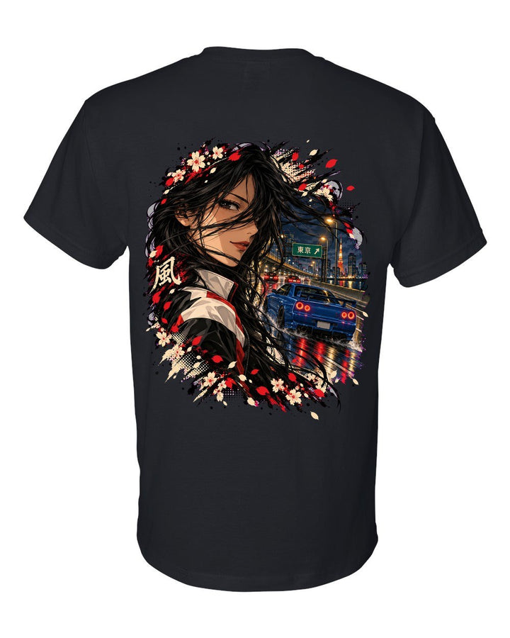 Nissan Skyline GT-R R34 Anime Girl T-Shirt Black back