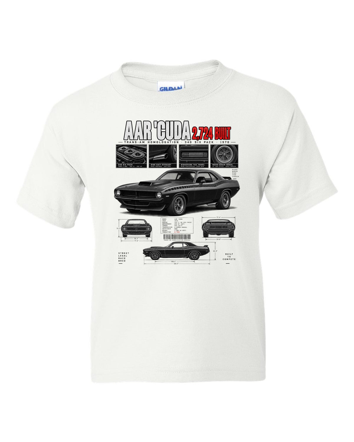 1970 Plymouth AAR Cuda E-body Dossier, 2,724 Built Tee white kids tee front view with the design