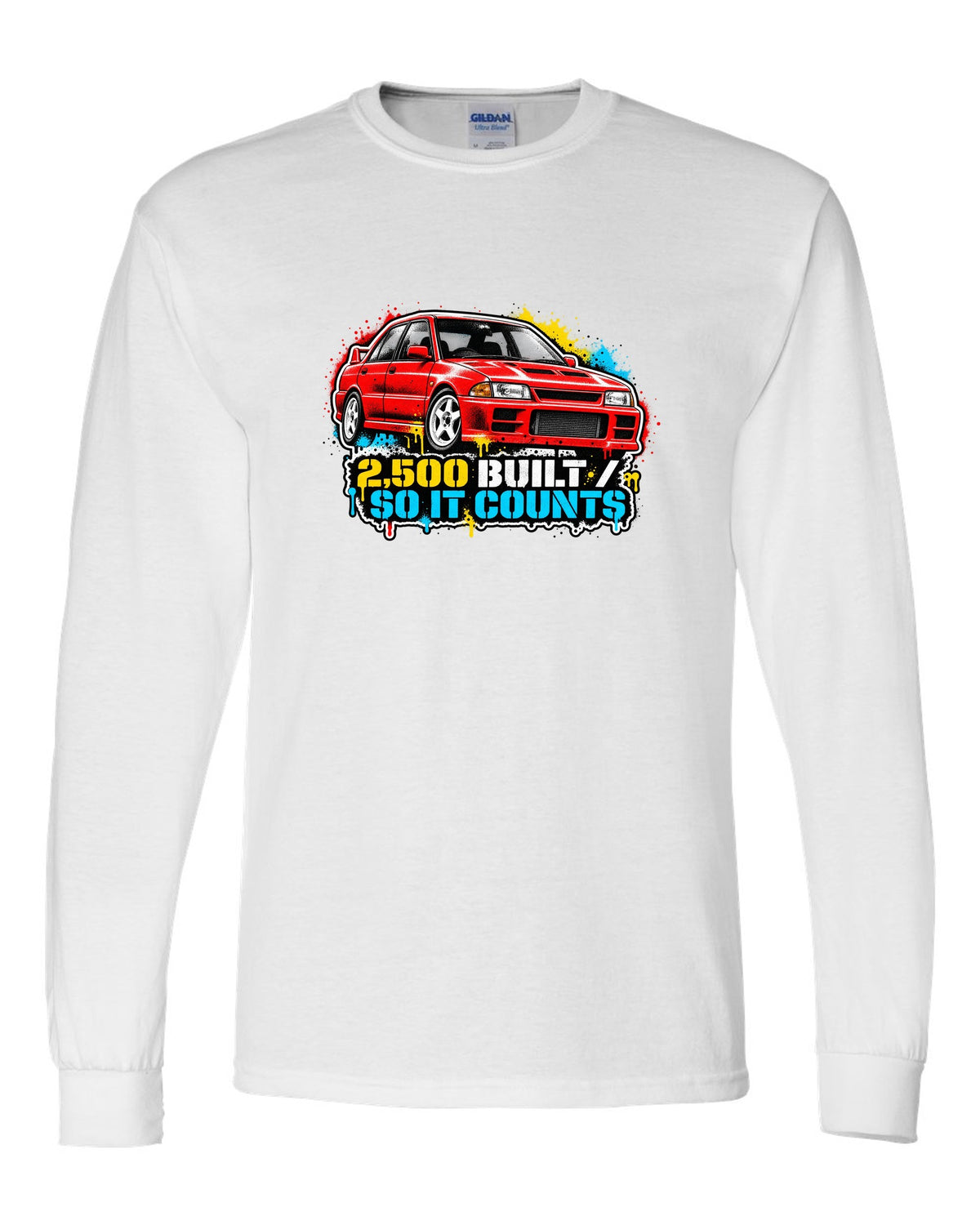 Mitsubishi Lancer Evolution I CD9A in stencil spray street art, 2,500 BUILT / SO IT COUNTS white long sleeve front view with the design
