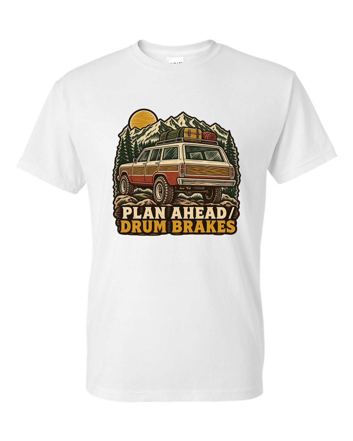 Linocut woodcut of a Toyota Land Cruiser FJ55 with Plan Ahead Drum Brakes lettering white t-shirt front view with the design