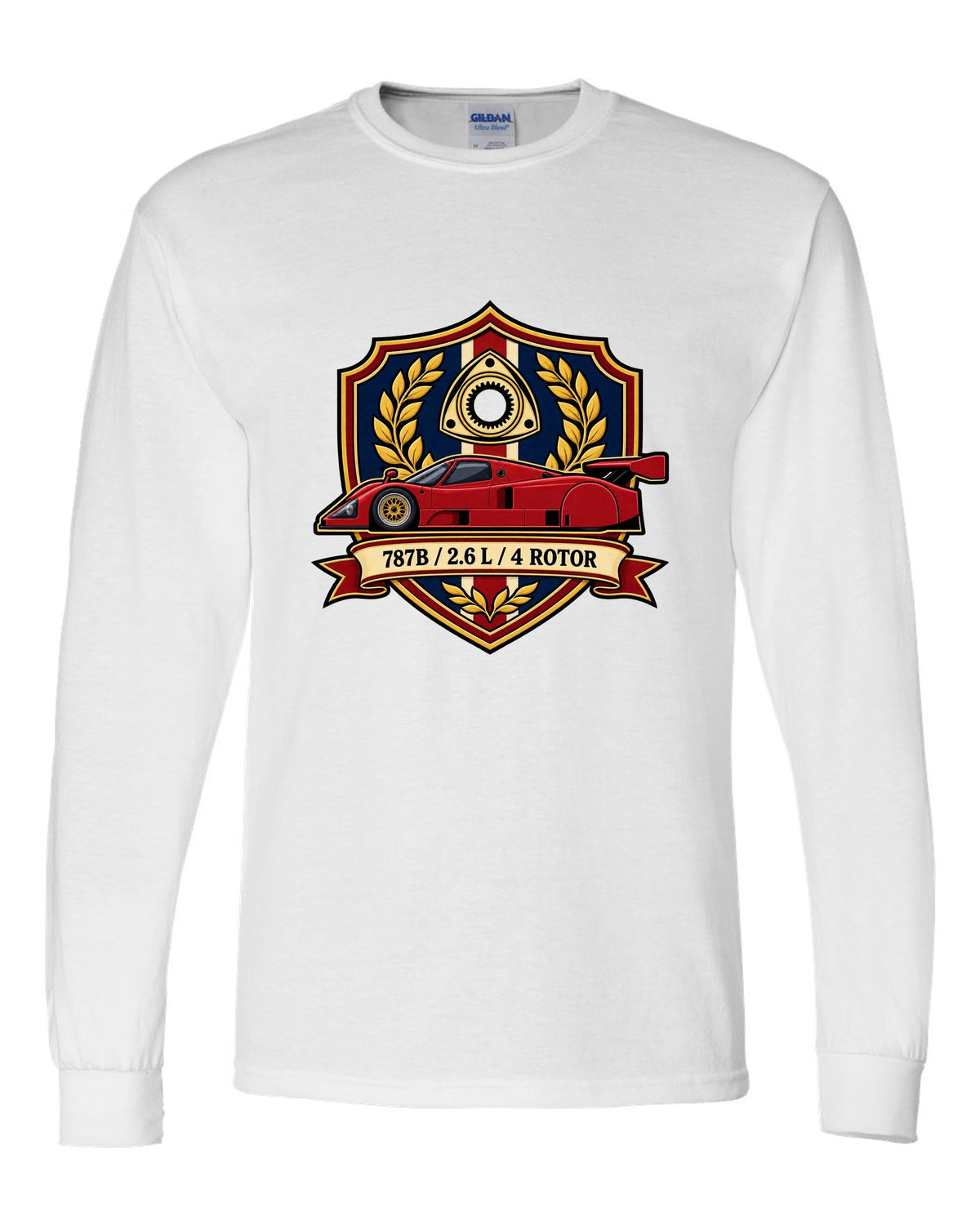 Comic halftone pop art design of the Mazda 787B with R26B SCREAMS / 9000 RPM lettering white long sleeve front view with the design