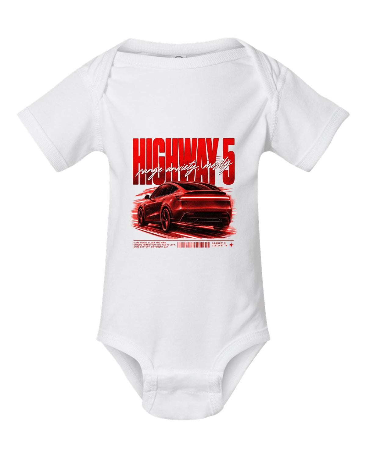 Tesla Model Y Juniper rear three-quarter in motion street poster reading Highway 5 white baby onesie front view with the design