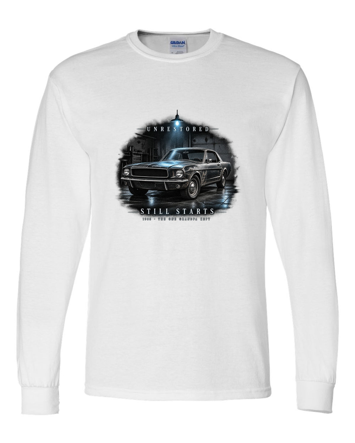 Garage night illustration of a white 1965 Ford Mustang coupe with unrestored still starts lettering white long sleeve front view with the design