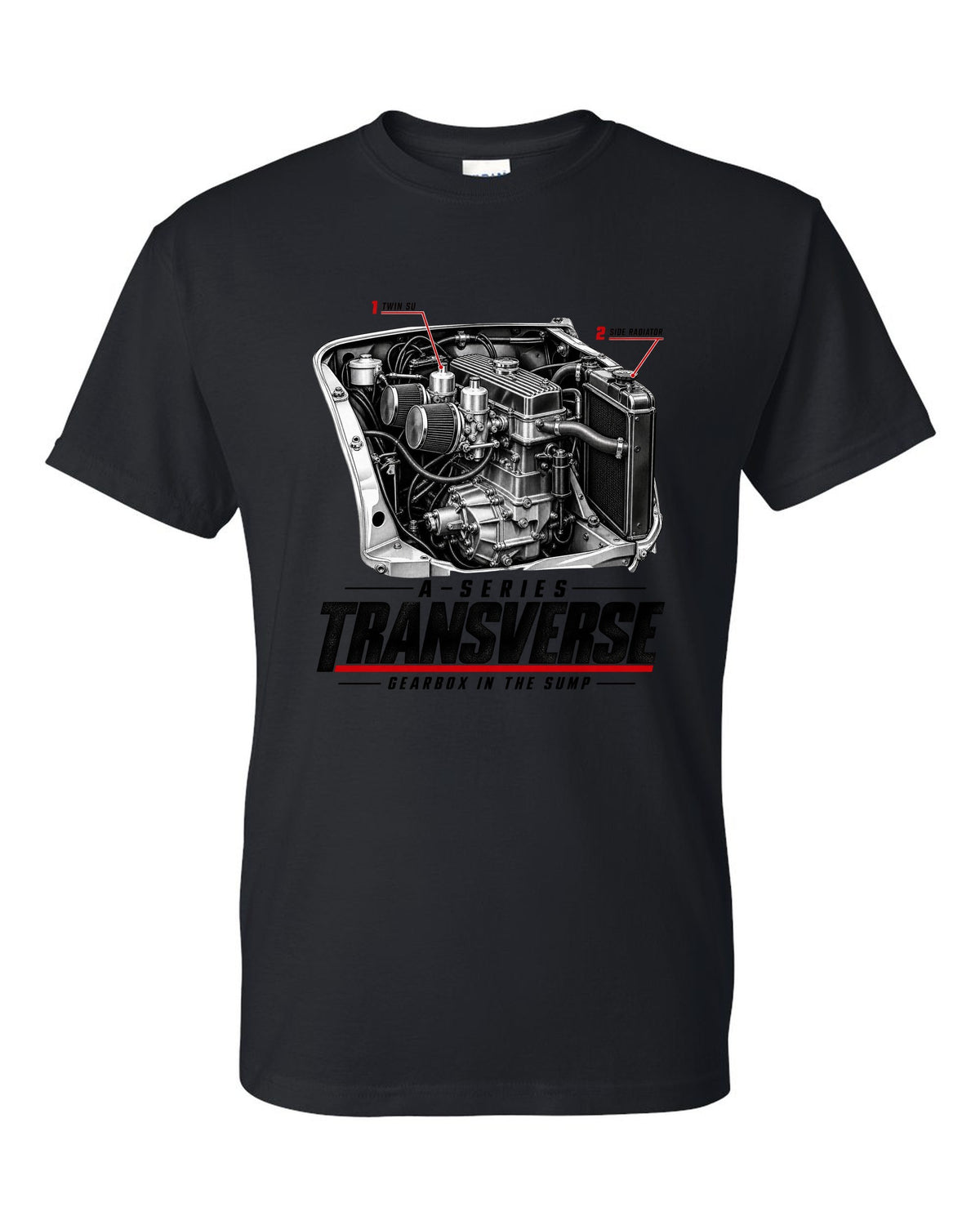 print of a Classic Mini Cooper S 1275 engine bay with the transverse A-series engine black t-shirt front view with the design