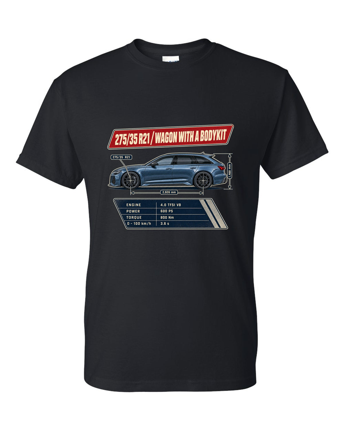 Spec poster for the Audi RS6 Avant C8 listing 275/35 R21 tyres black t-shirt front view with the design