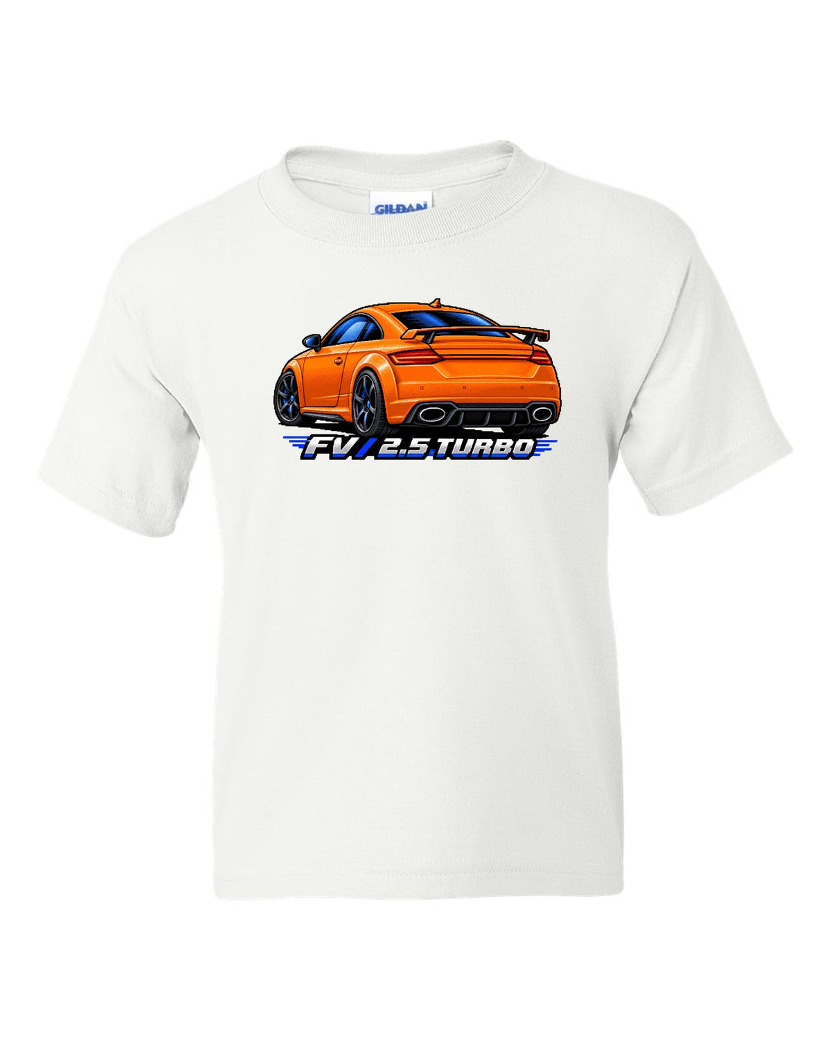 Pixel art print of an Audi TT RS FV with a rear wing and 2.5 turbo text white kids tee front view with the design