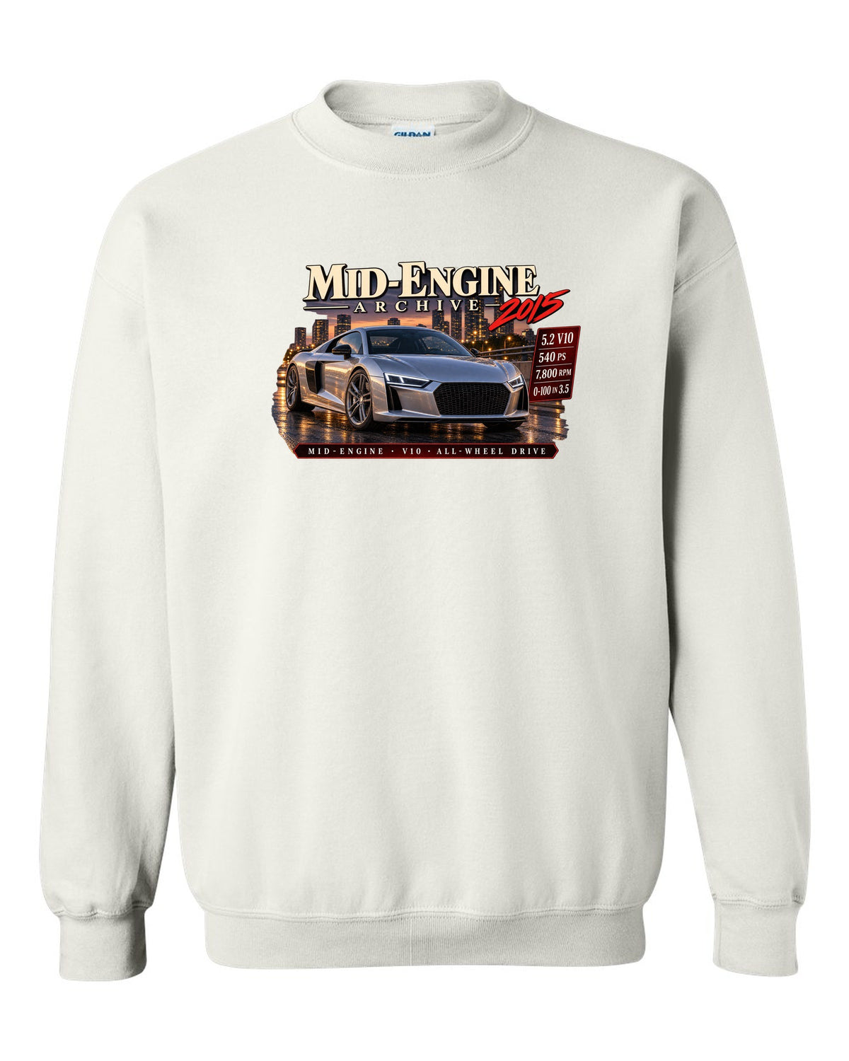 Audi R8 Type 4S V10 front three-quarter in archive panel with 540 PS text white crewneck front view with the design