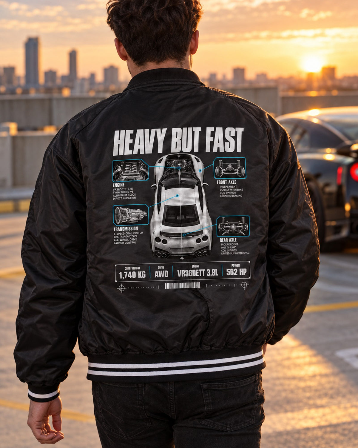 Nissan GT-R R35 Heavy But Fast Spec Poster Tee, VR38DETT Bomber Jacket Black worn hero