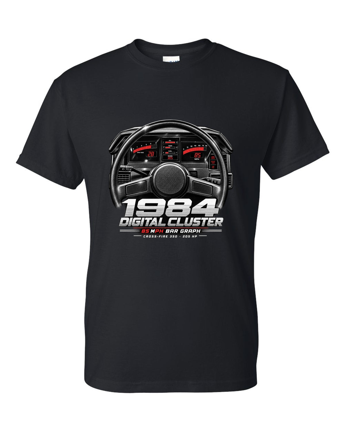Chevrolet Corvette C4 1984 digital dash cluster cockpit print black t-shirt front view with the design