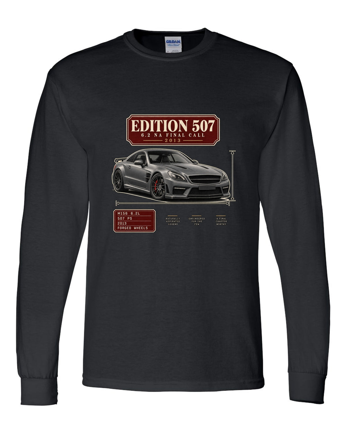 Archive panel print of a matte grey Mercedes-AMG C63 Edition 507 C204 black long sleeve front view with the design