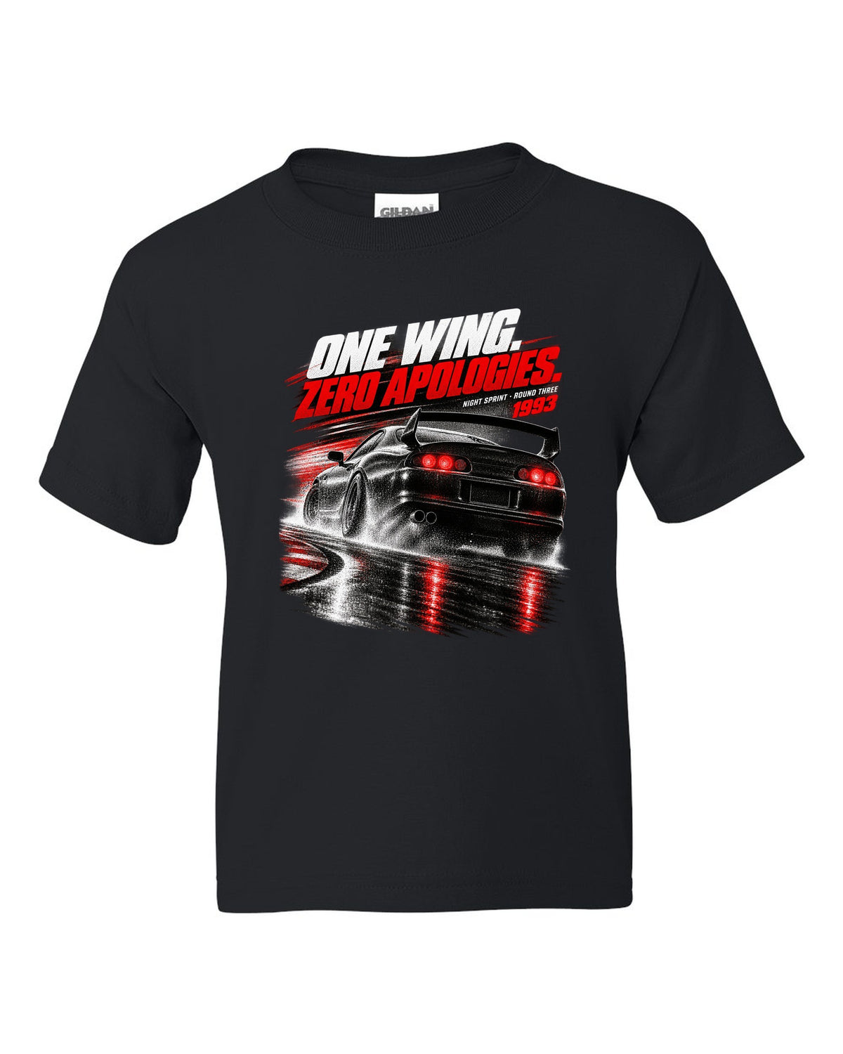 Race poster print of a Toyota Supra A80 JZA80 rear with the text One Wing Zero Apologies Round Three black kids tee front view with the design