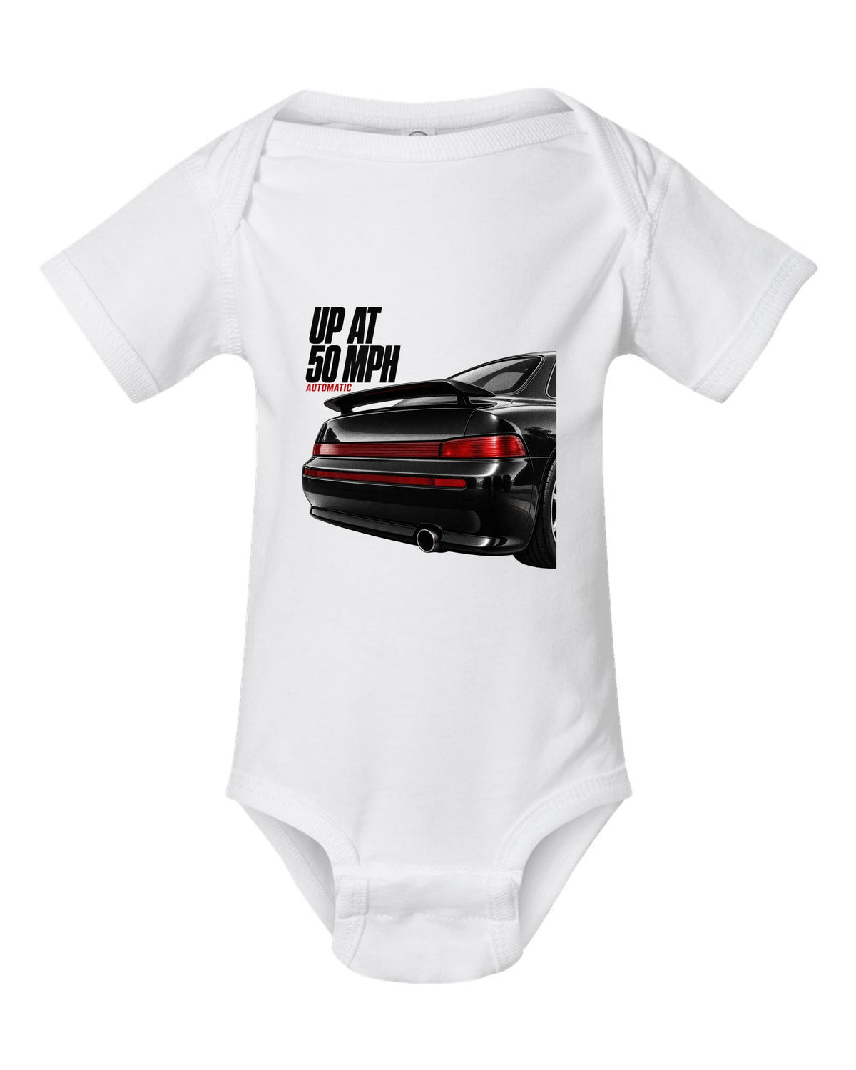 Detail macro print of the Porsche 911 Carrera 2 (964) rear spoiler with the caption Up At 50 MPH white baby onesie front view with the design