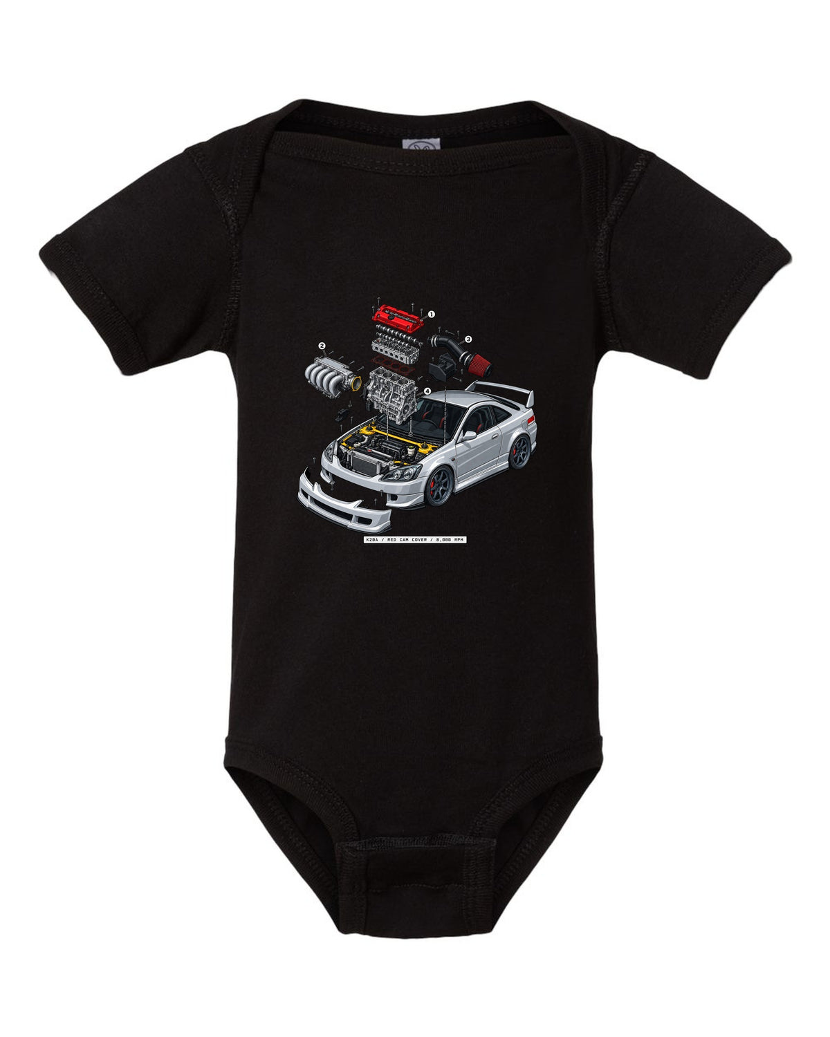 Exploded K20A engine diagram print of a 2002 Honda Integra DC5 ch with red cam cover text black baby onesie front view with the design