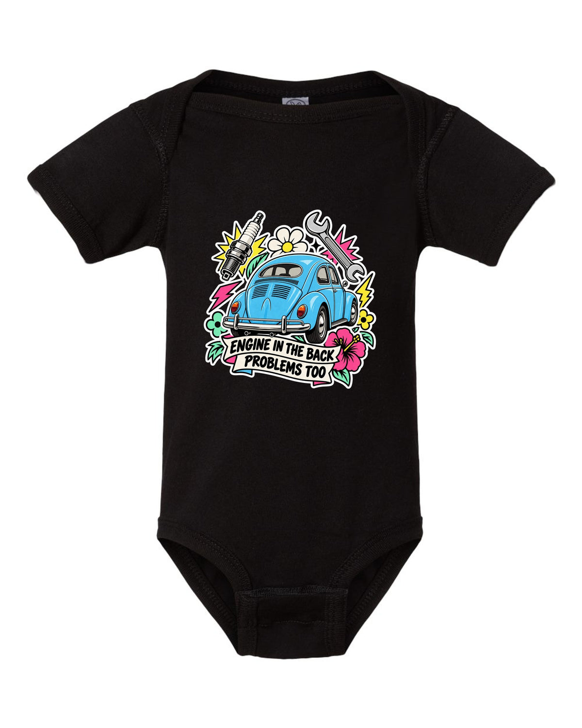 Sticker-bomb collage of a VW Beetle Type 1 with engine in the back lettering black baby onesie front view with the design