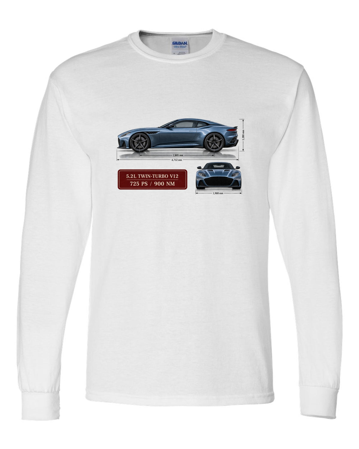 Aston Martin DBS Superleggera 2018 spec sheet print with 5.2L V12 725 PS 900 Nm white long sleeve front view with the design