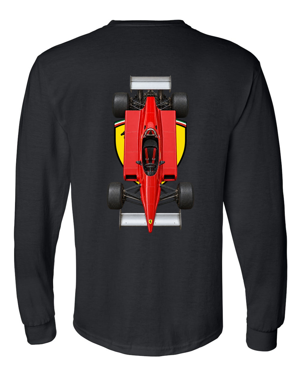 Ferrari 126 C2 1982 Formula 1 overhead poster artwork black long sleeve back view with the design