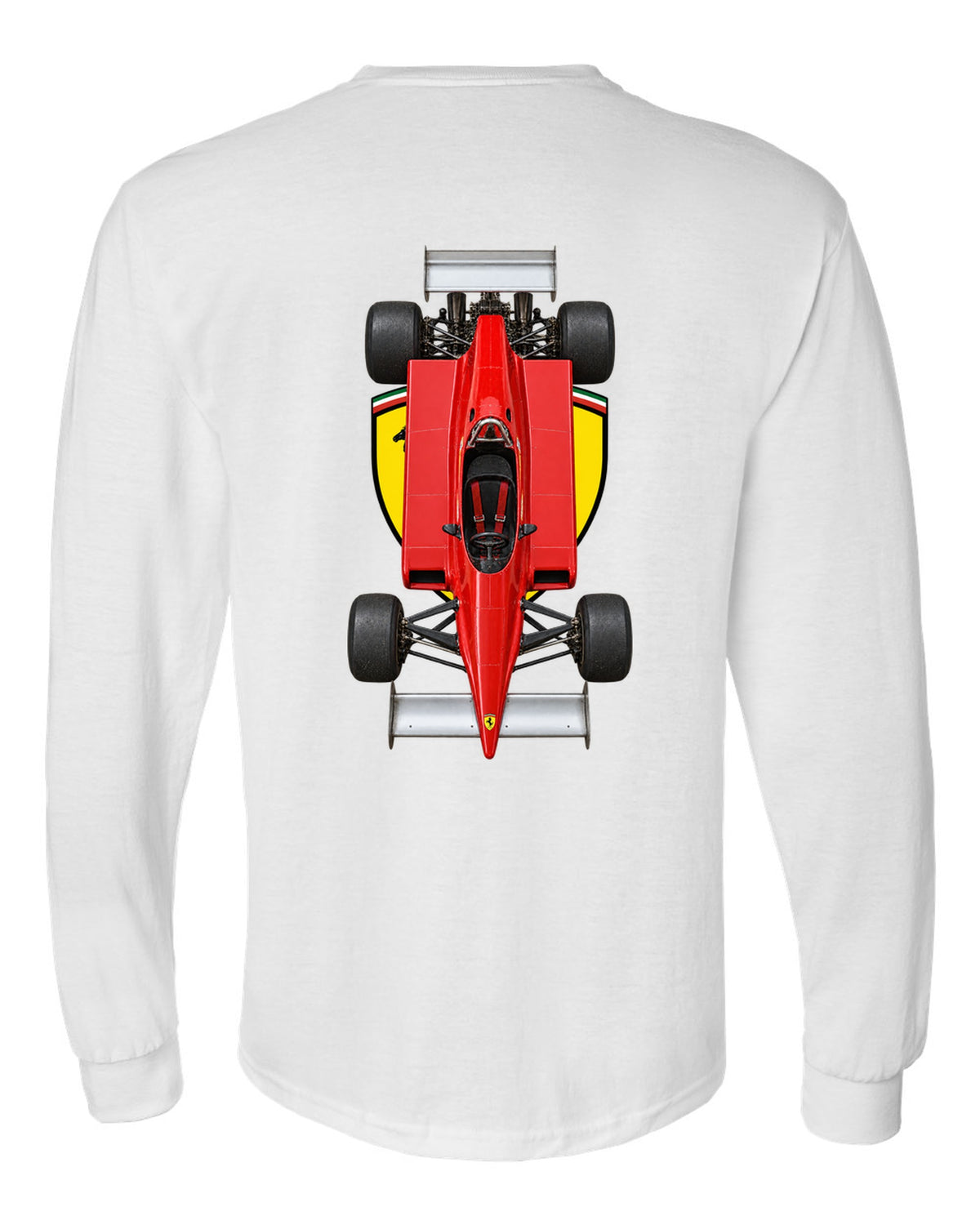 Ferrari 126 C2 1982 Formula 1 overhead poster artwork white long sleeve back view with the design