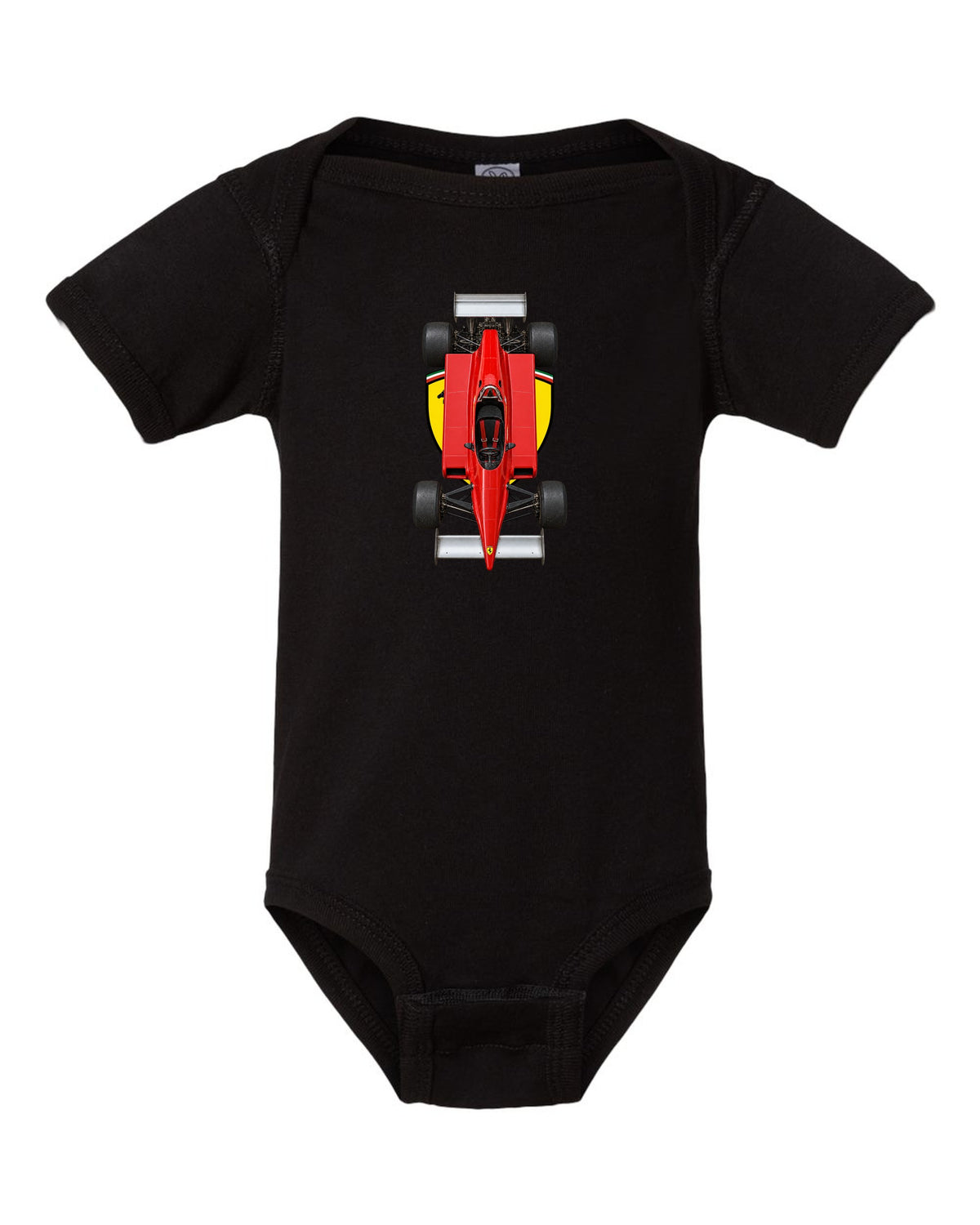 Ferrari 126 C2 1982 Formula 1 overhead poster artwork black baby onesie front view with the design