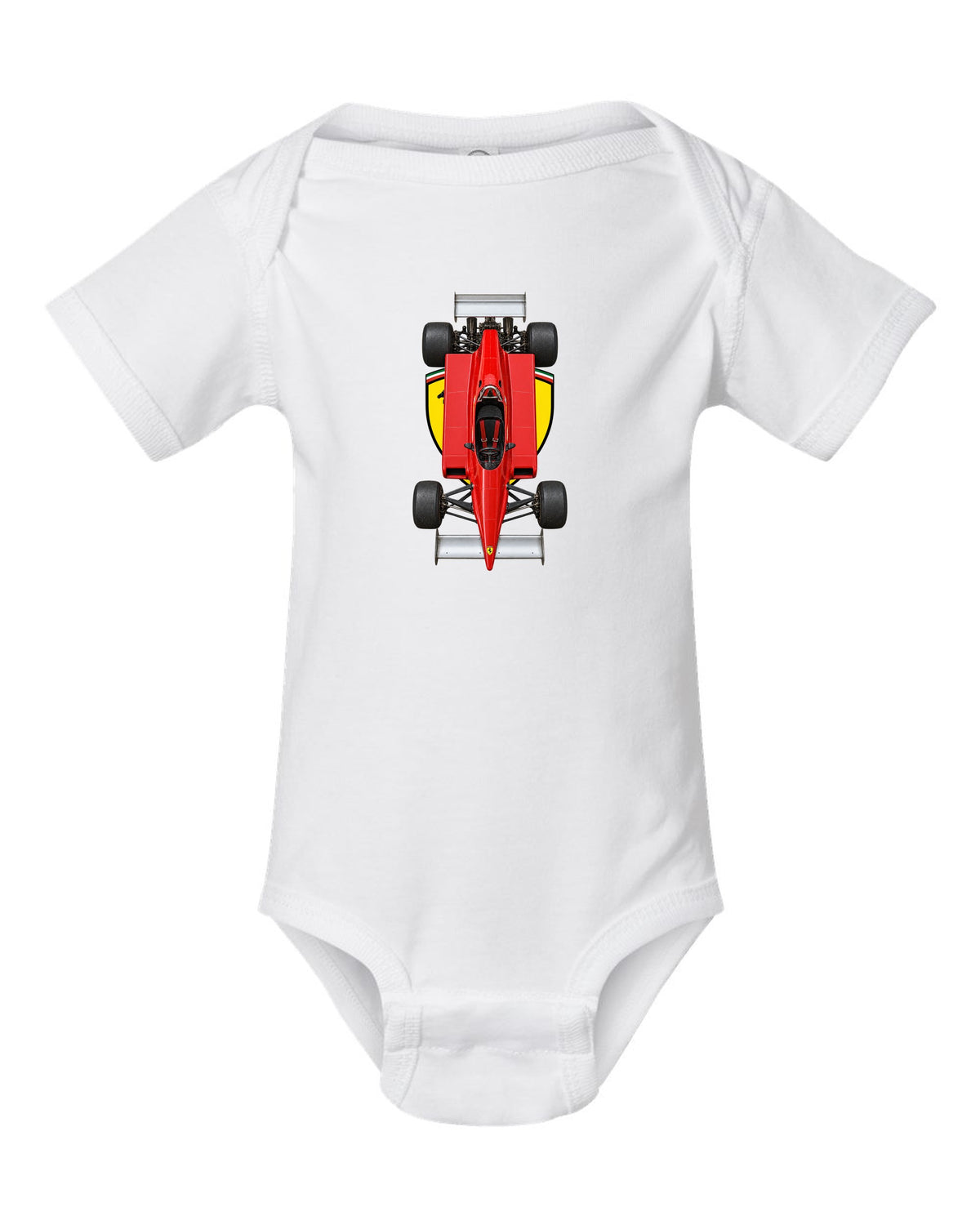 Ferrari 126 C2 1982 Formula 1 overhead poster artwork white baby onesie front view with the design