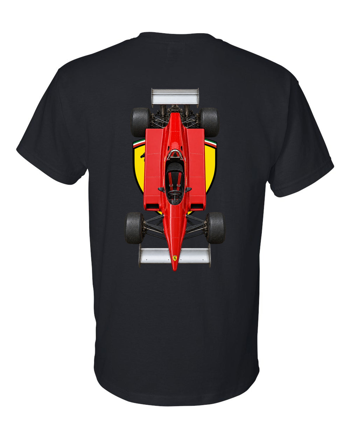Ferrari 126 C2 1982 Formula 1 overhead poster artwork black t-shirt back view with the design