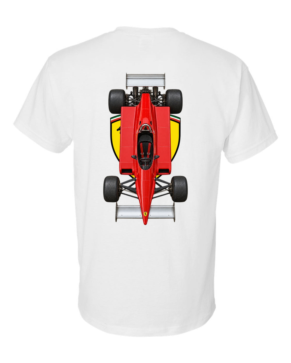 Ferrari 126 C2 1982 Formula 1 overhead poster artwork white t-shirt back view with the design