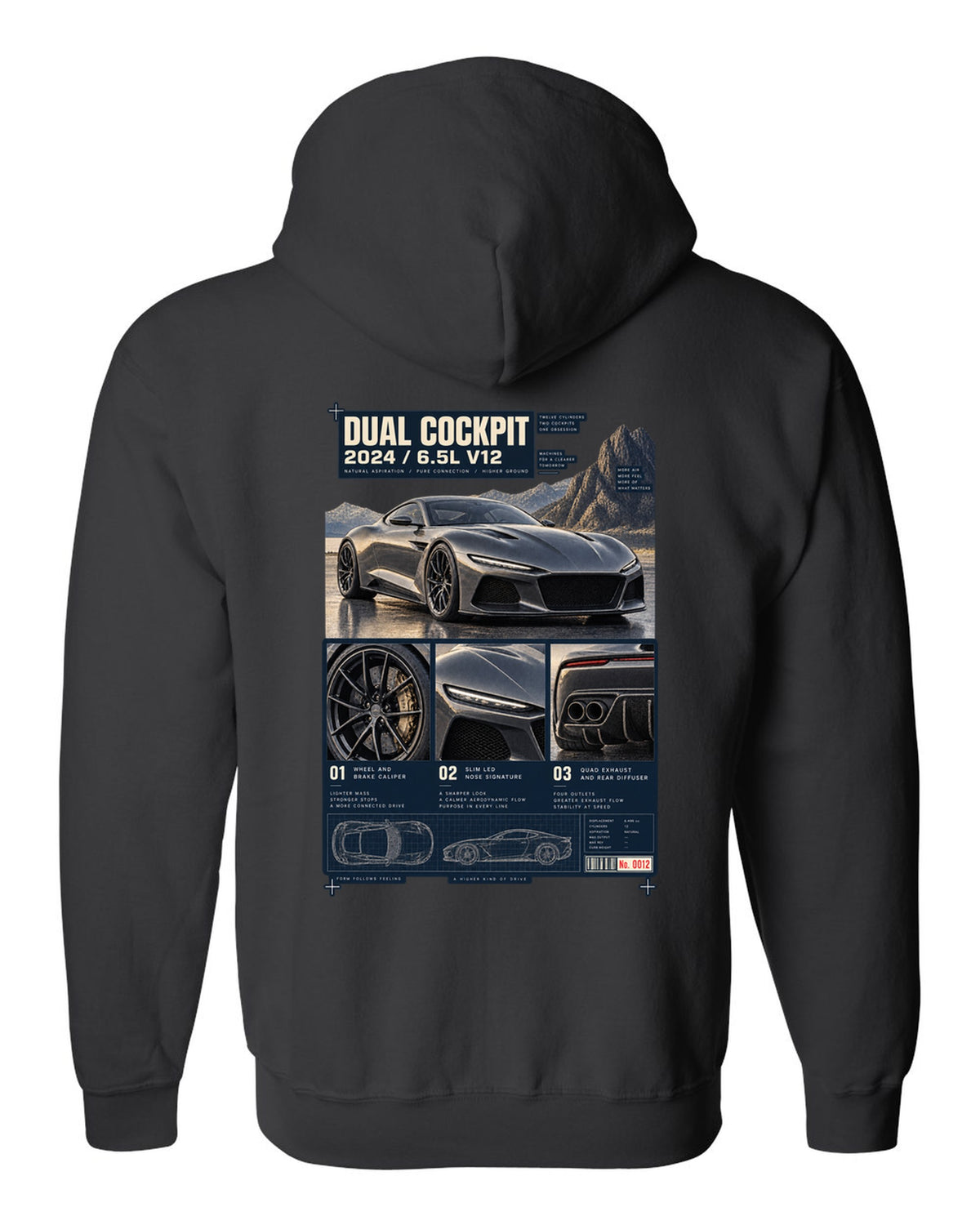 Dossier panel print of the Ferrari 12Cilindri with cockpit and V12 text black zip hoodie back view with the design