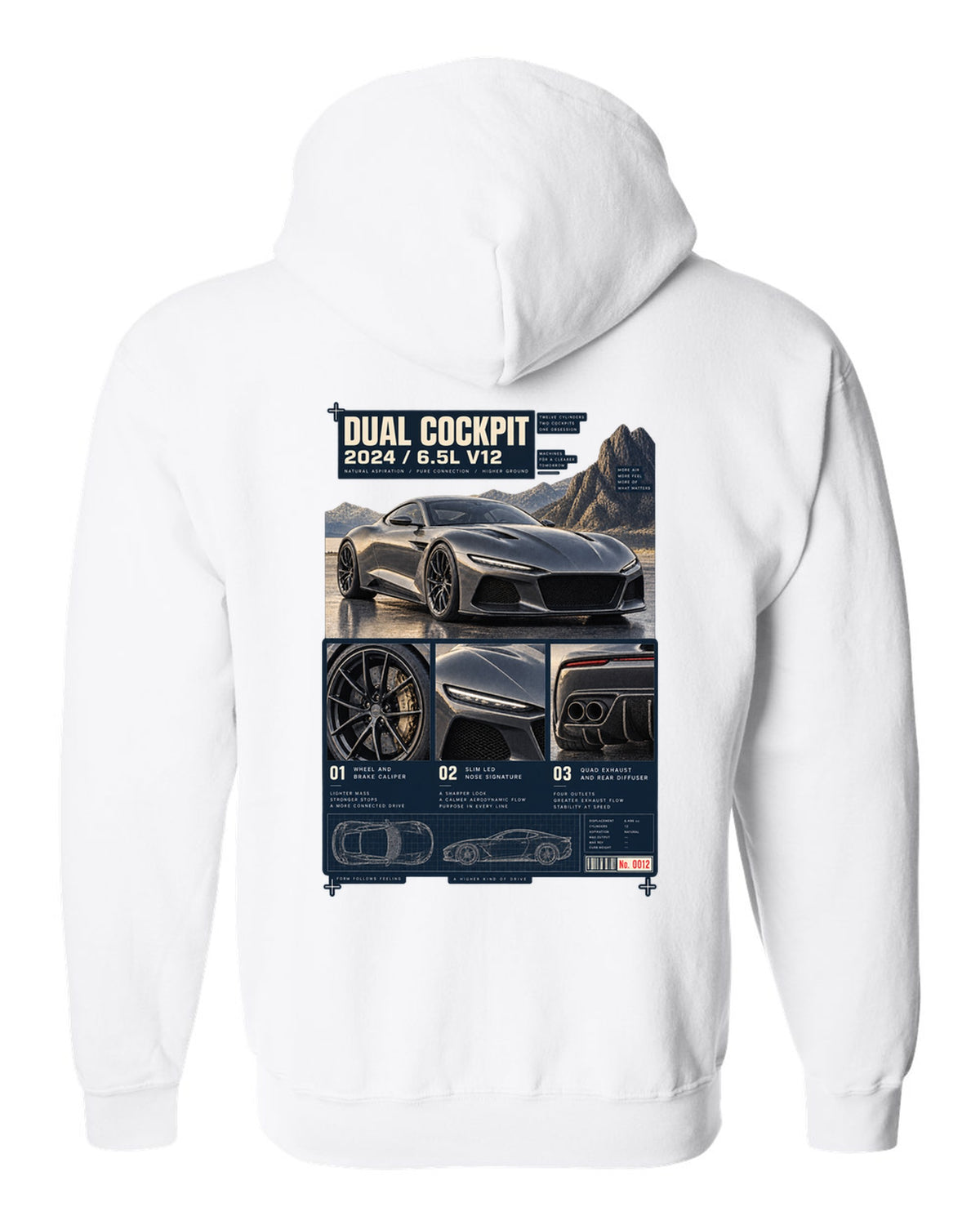 Dossier panel print of the Ferrari 12Cilindri with cockpit and V12 text white zip hoodie back view with the design