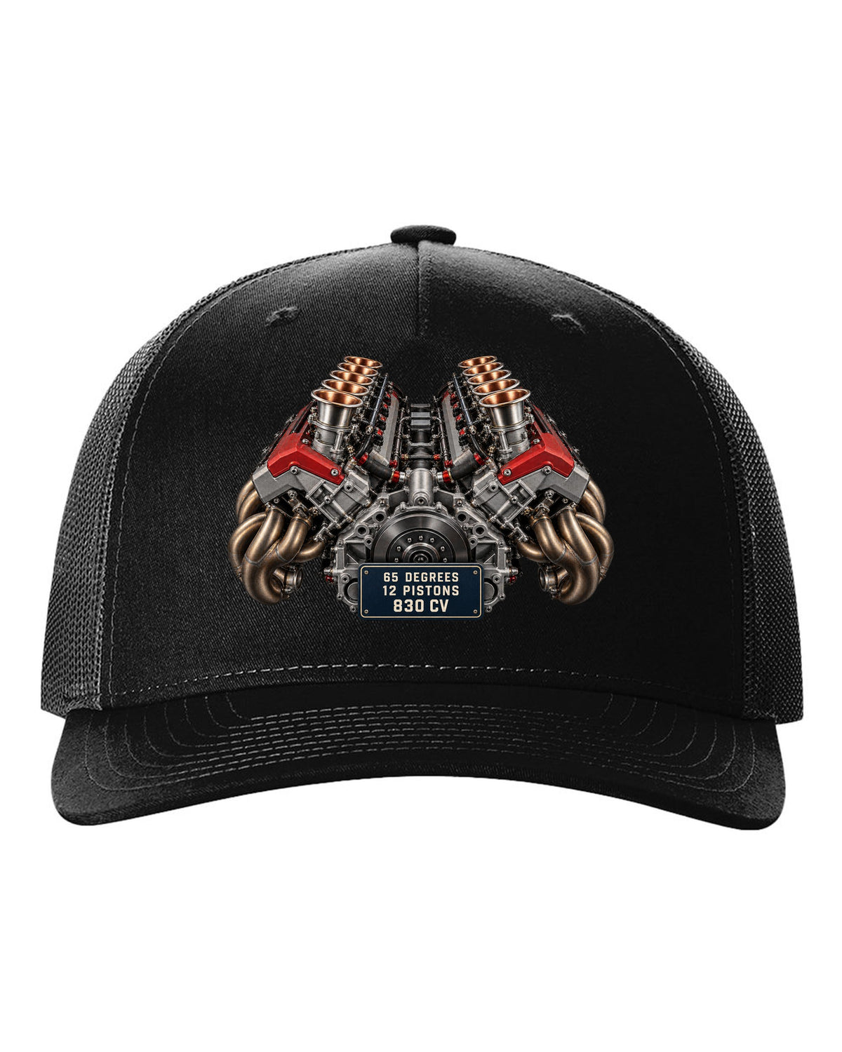 Engine bay print of the Ferrari 12Cilindri F140HD V12 black hat front view with the design