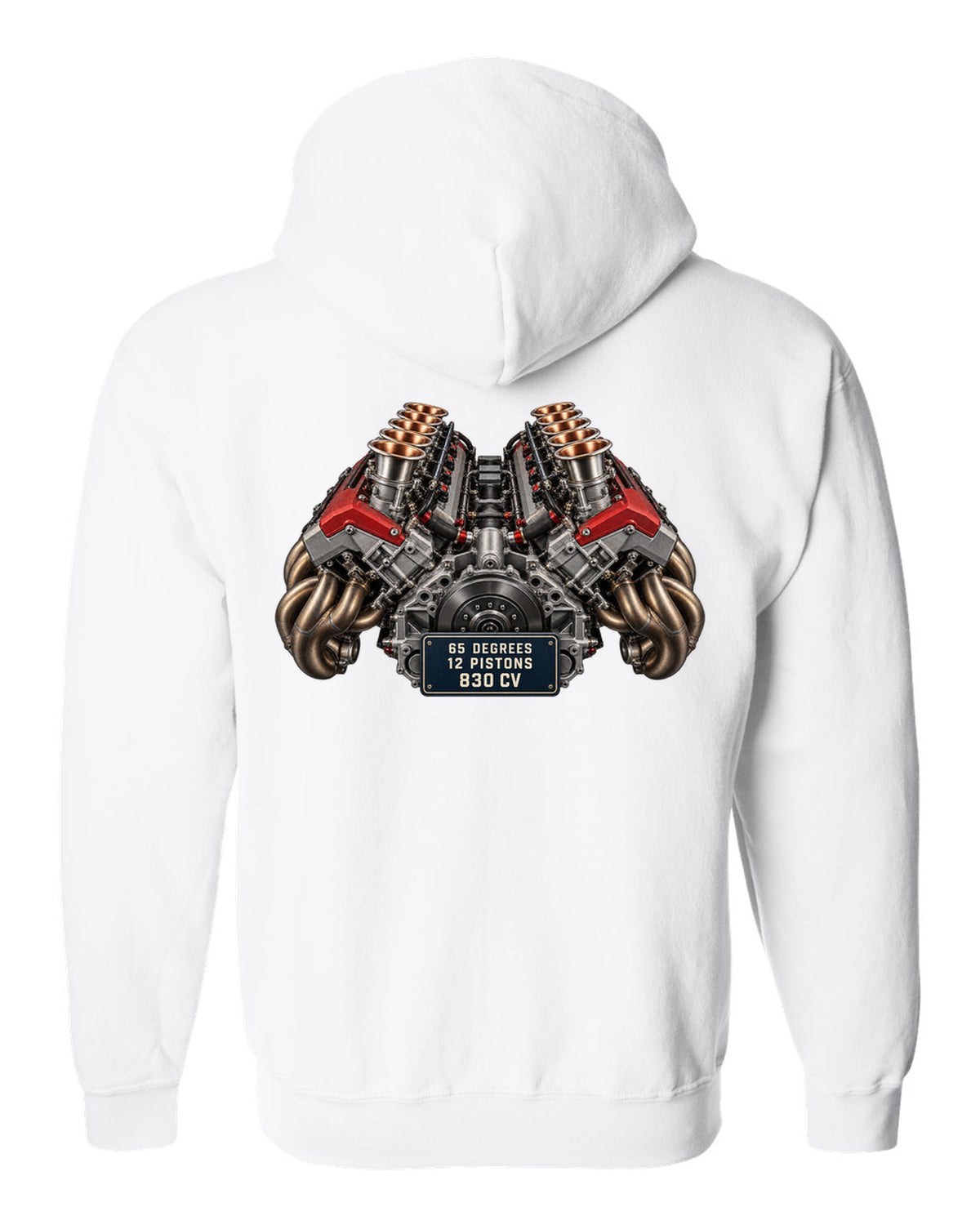 Engine bay print of the Ferrari 12Cilindri F140HD V12 white zip hoodie back view with the design