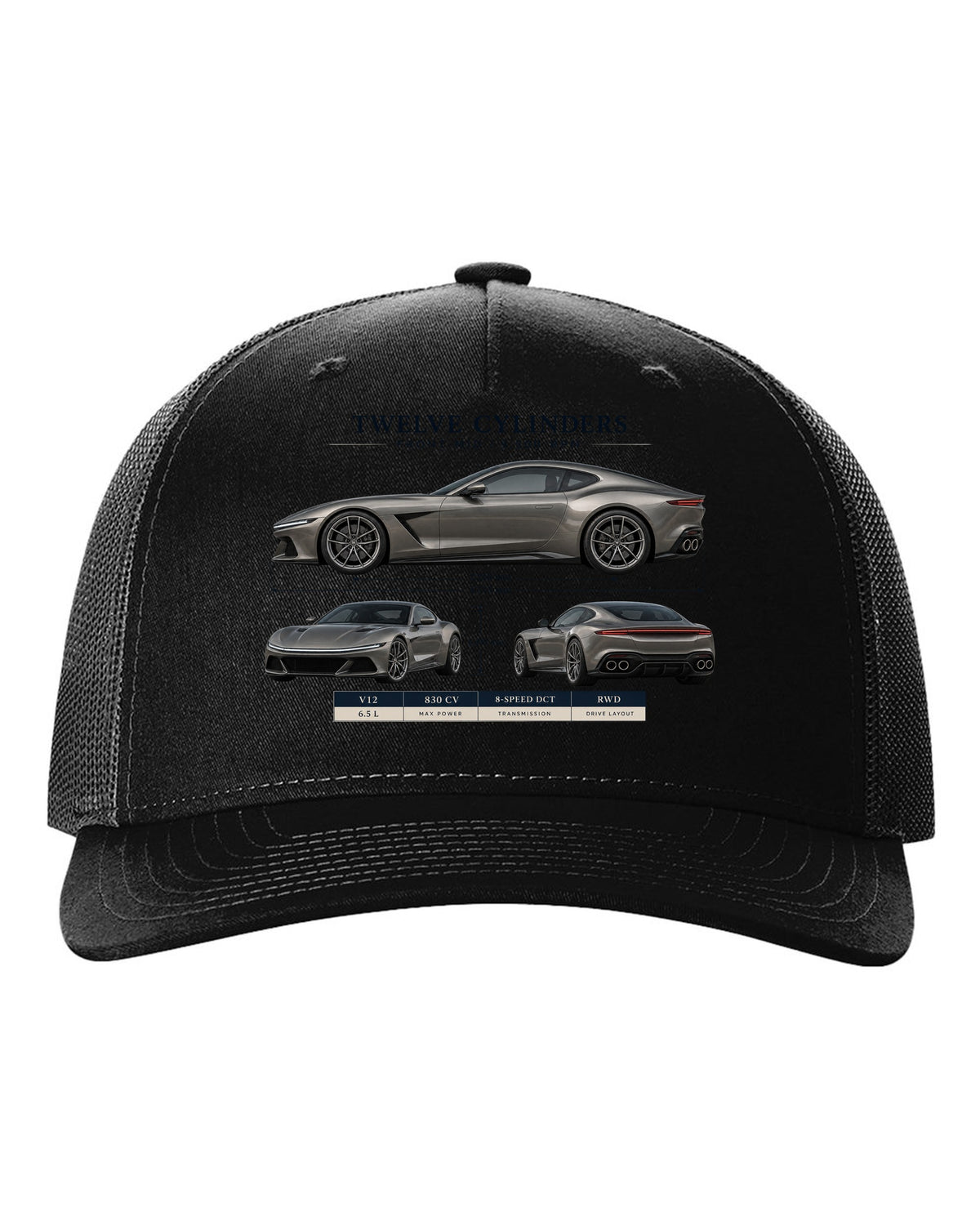 Three-view spec sheet print of the Ferrari 12Cilindri on a tee black hat front view with the design