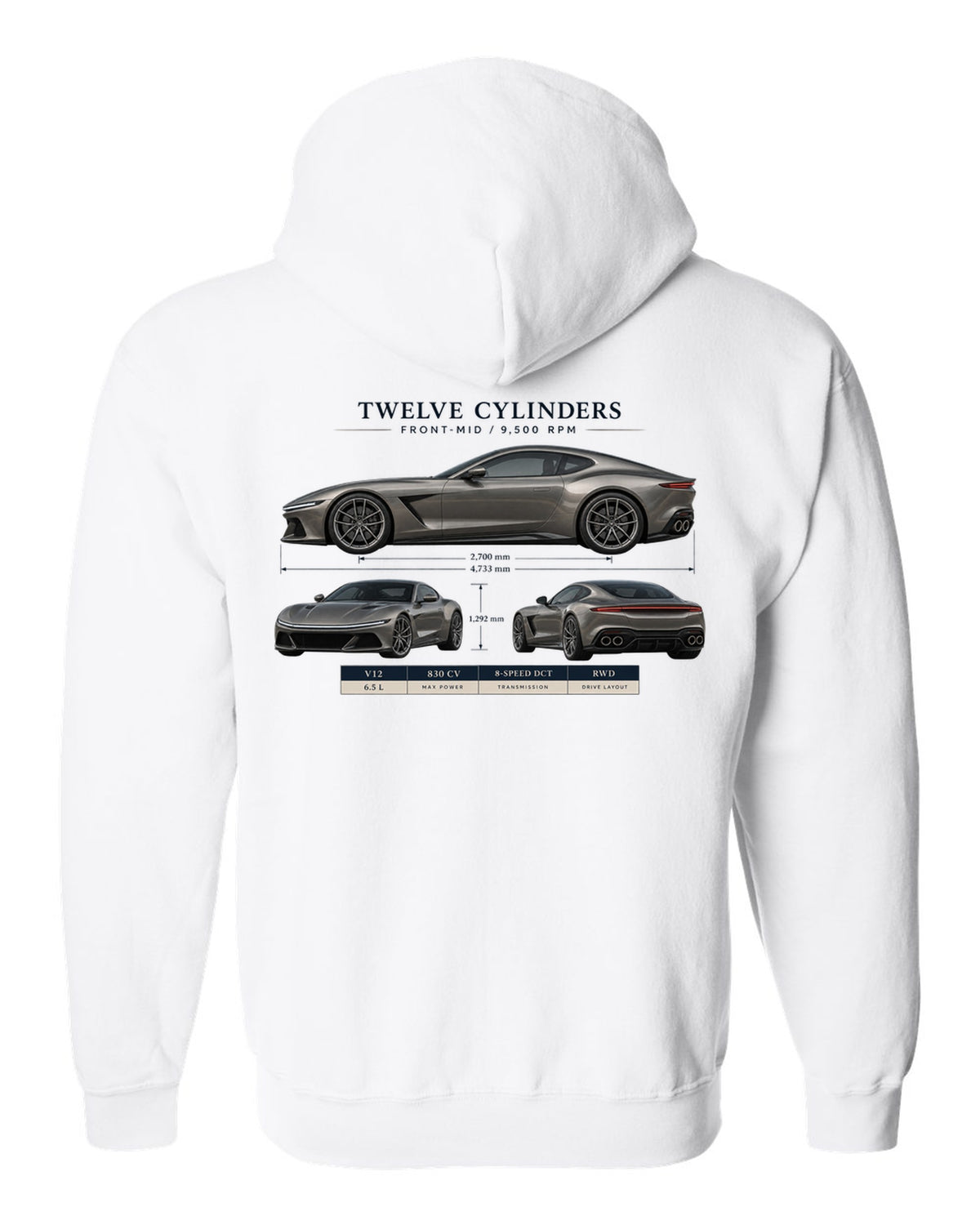 Three-view spec sheet print of the Ferrari 12Cilindri on a tee white zip hoodie back view with the design
