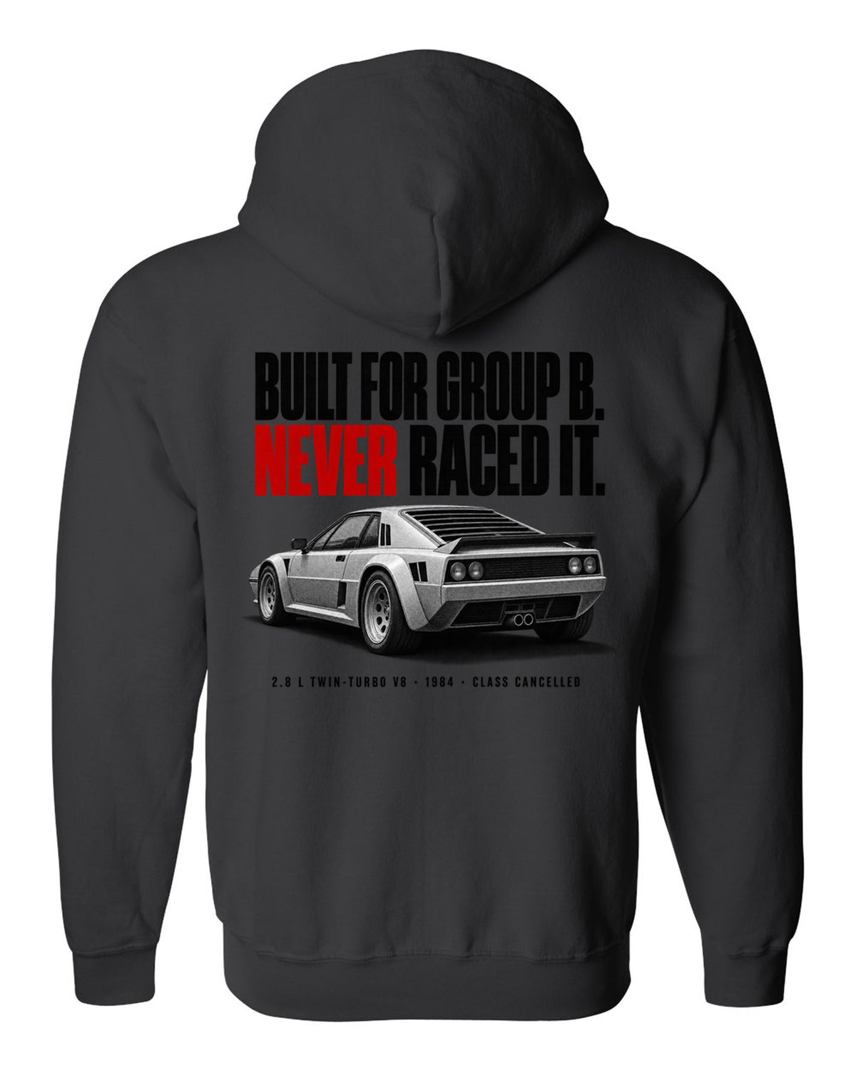 Ferrari 288 GTO 1984 rear three-quarter halftone print, built for Group B, never raced it black zip hoodie back view with the design