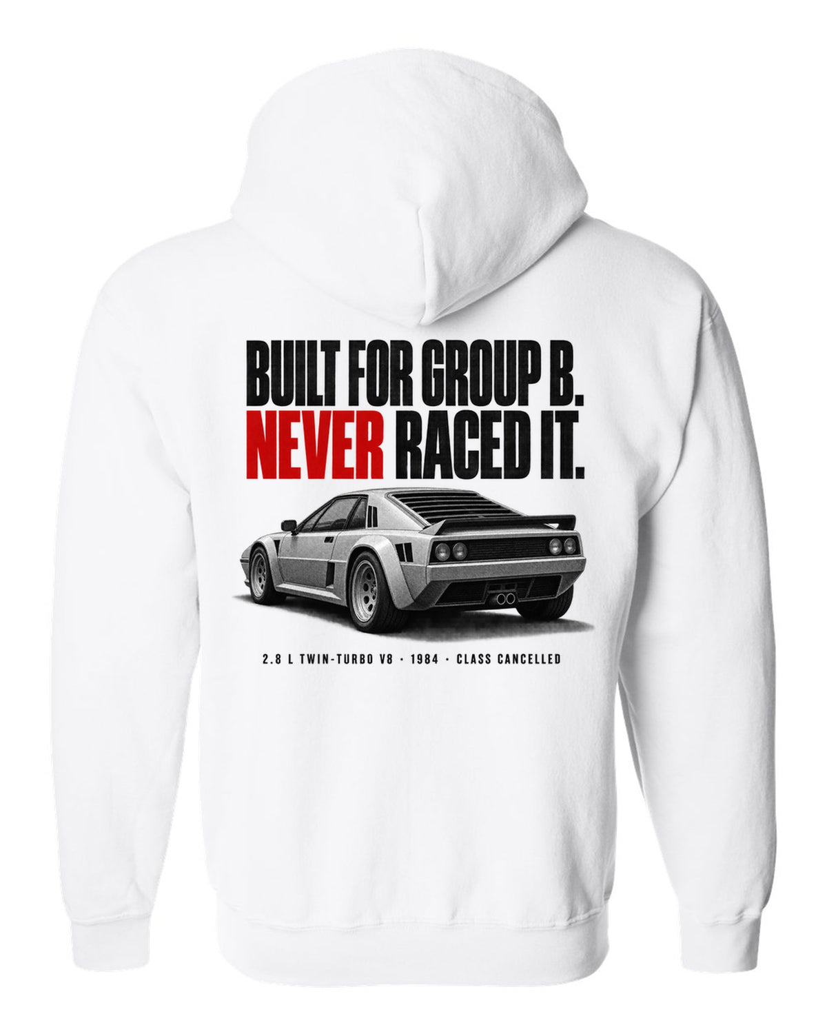 Ferrari 288 GTO 1984 rear three-quarter halftone print, built for Group B, never raced it white zip hoodie back view with the design