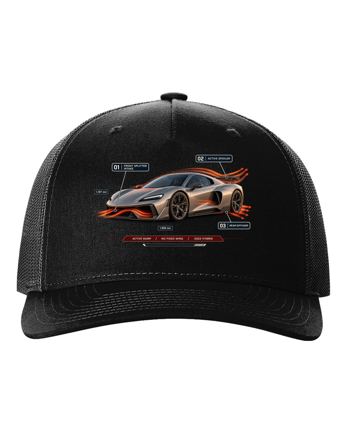 Ferrari 296 GTB aero callout print with active ramp and no fixed wing black hat front view with the design
