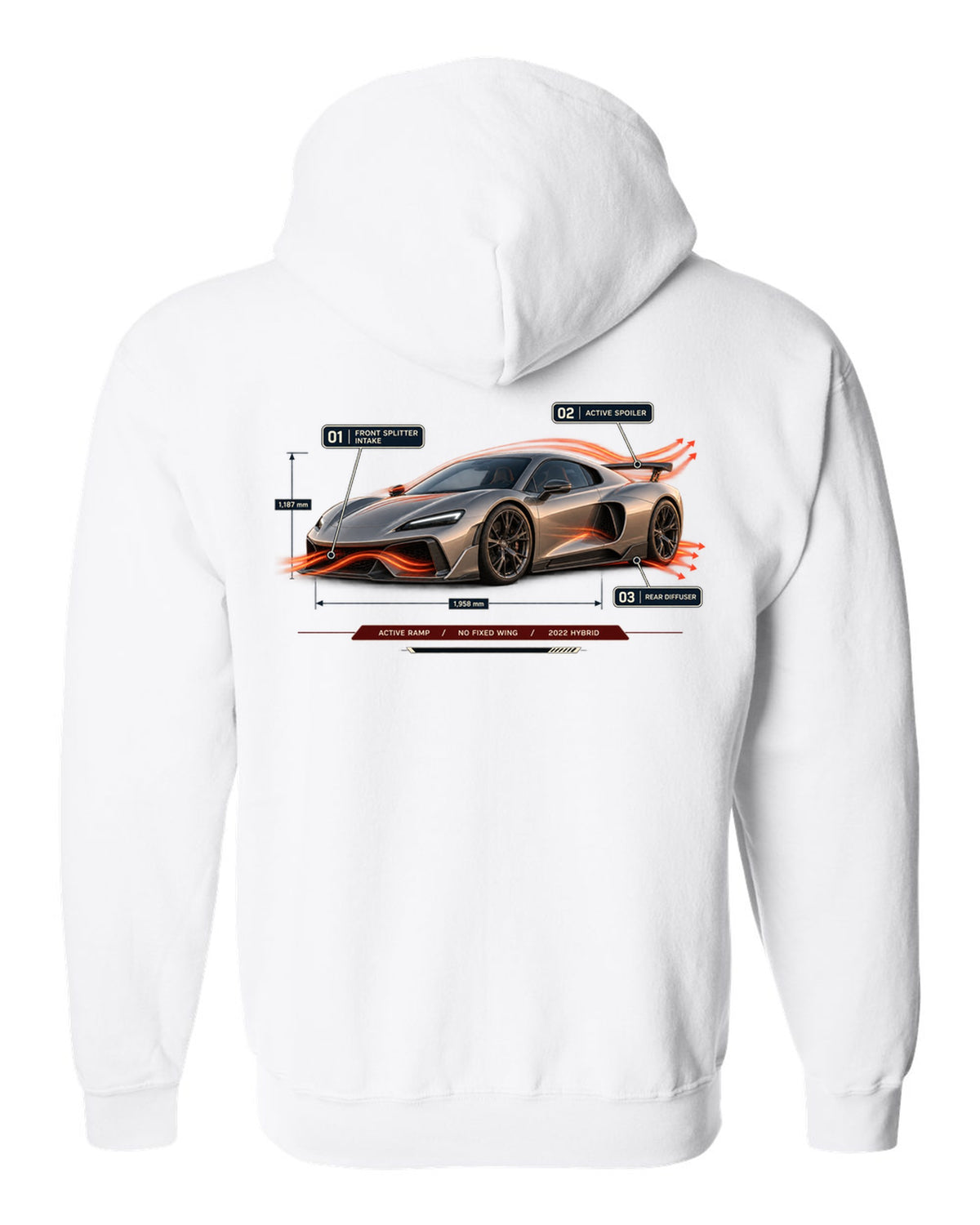 Ferrari 296 GTB aero callout print with active ramp and no fixed wing white zip hoodie back view with the design