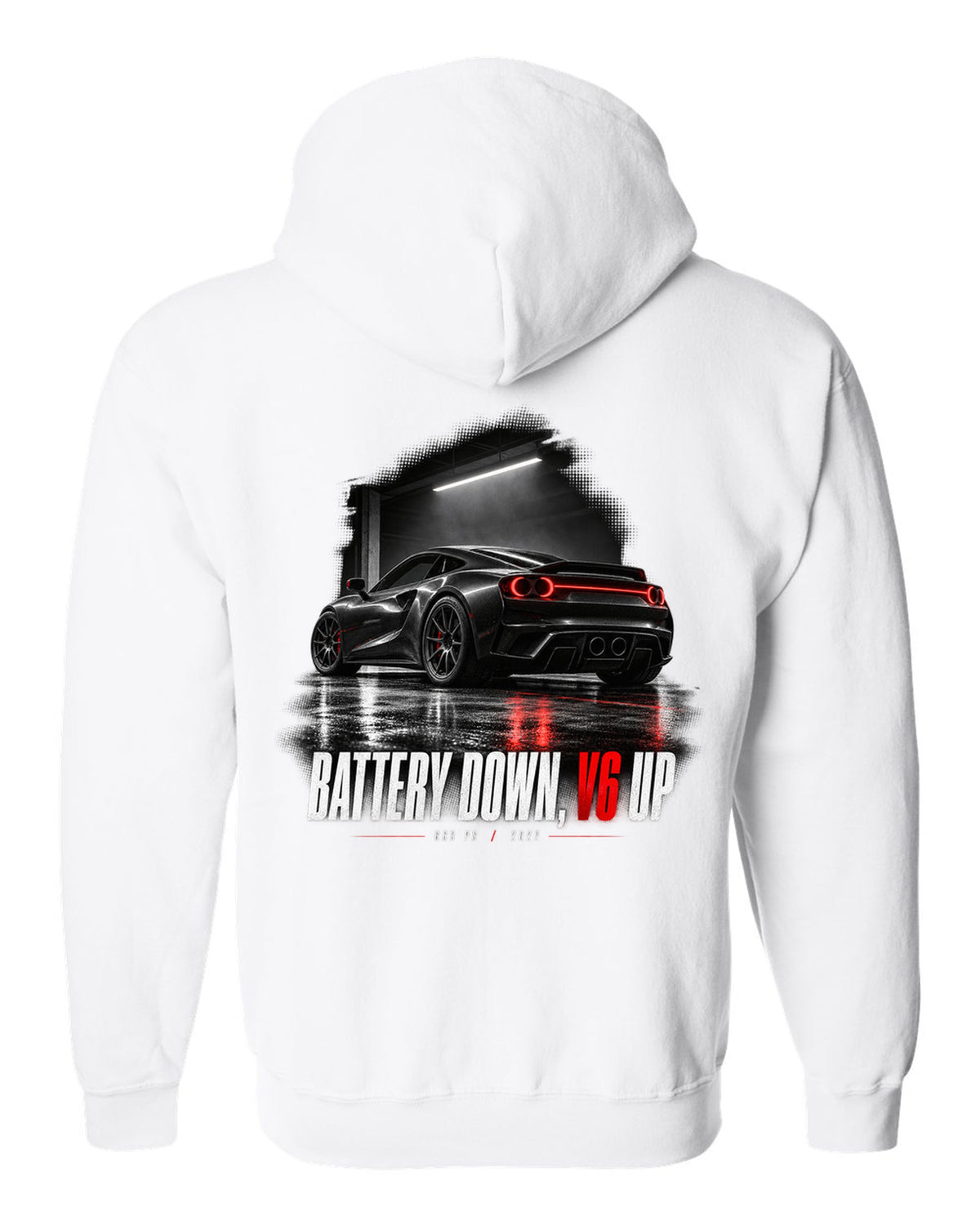 Garage night print of a Ferrari 296 GTB with the text Battery Down, V6 Up, 663 PS, 2022 white zip hoodie back view with the design