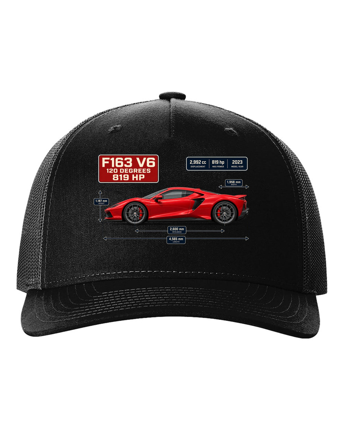 Blueprint style print of a signal red Ferrari 296 GTB with dimension lines black hat front view with the design