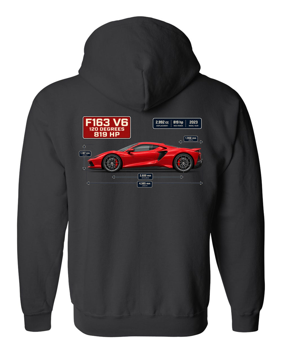 Blueprint style print of a signal red Ferrari 296 GTB with dimension lines black zip hoodie back view with the design