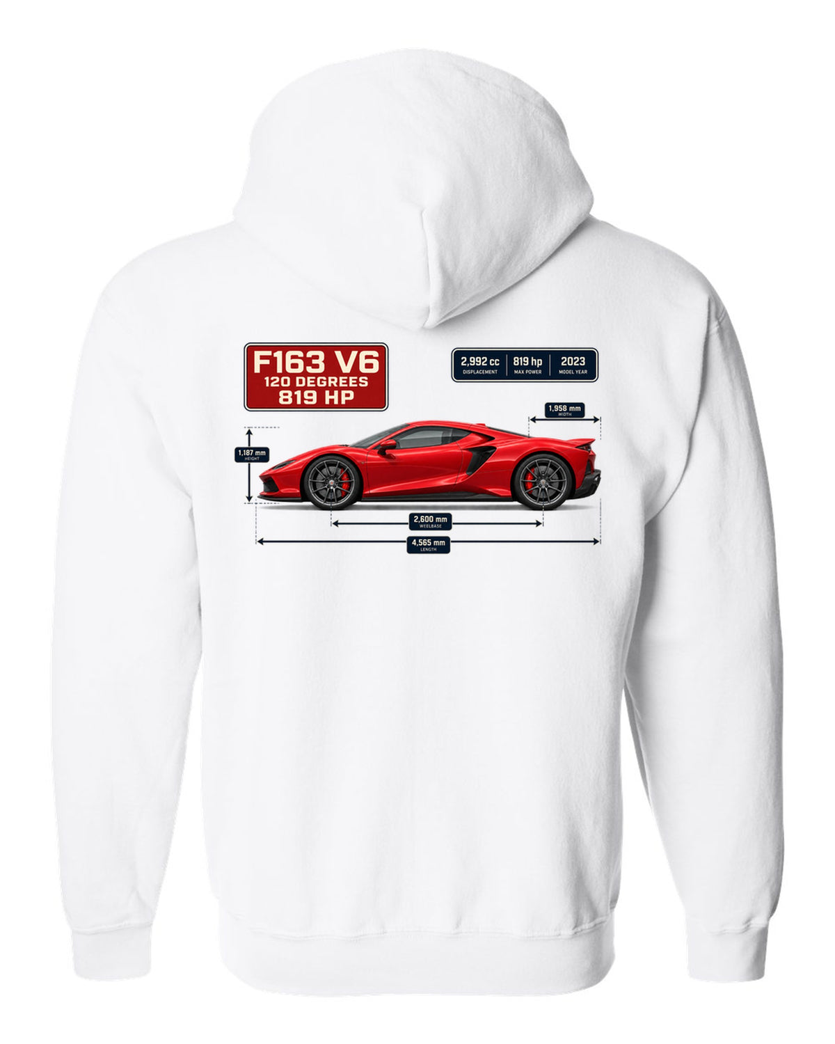 Blueprint style print of a signal red Ferrari 296 GTB with dimension lines white zip hoodie back view with the design