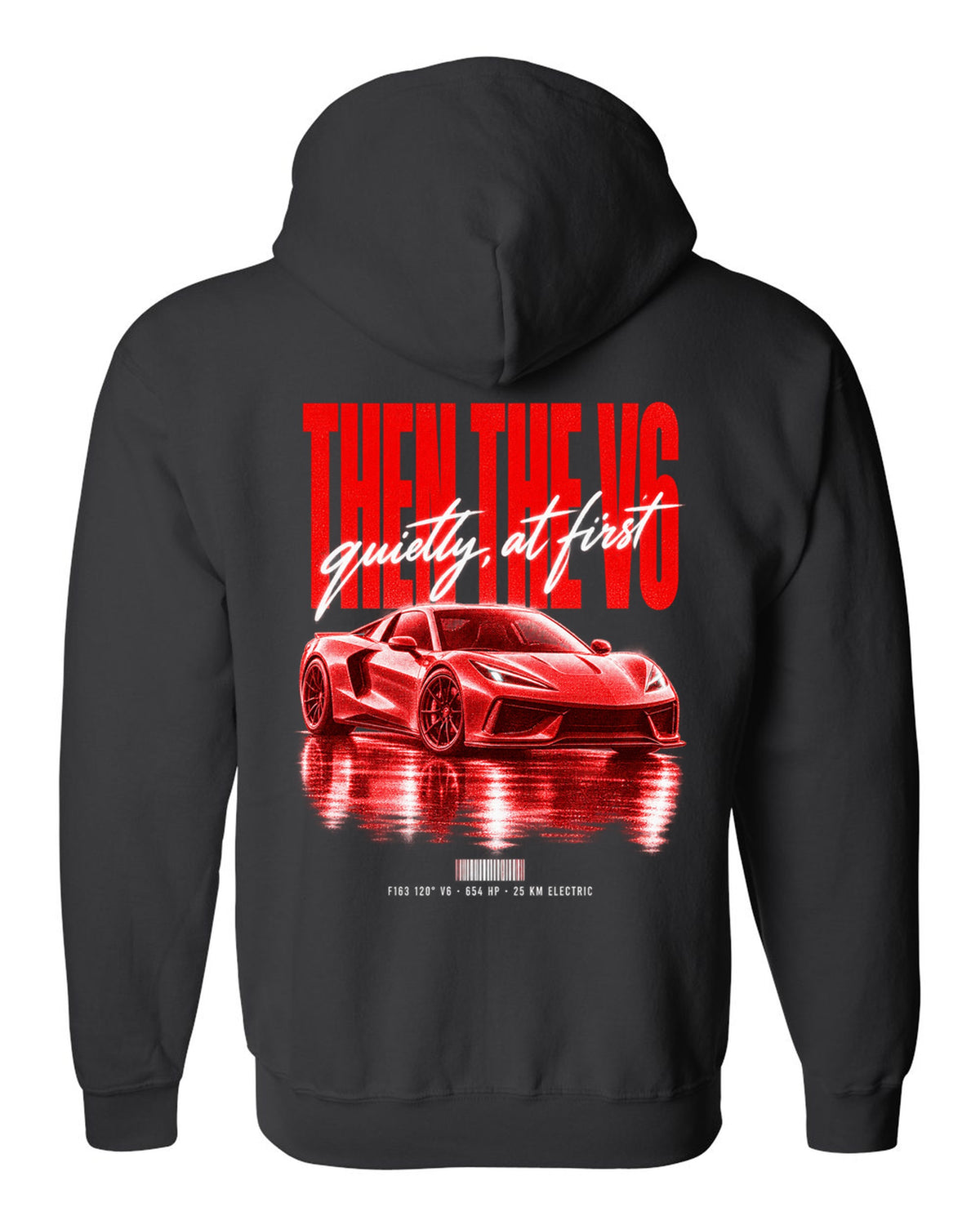 Ferrari 296 GTB 2022 street poster print, F163 120 degree V6, 654 HP, 25 km electric black zip hoodie back view with the design