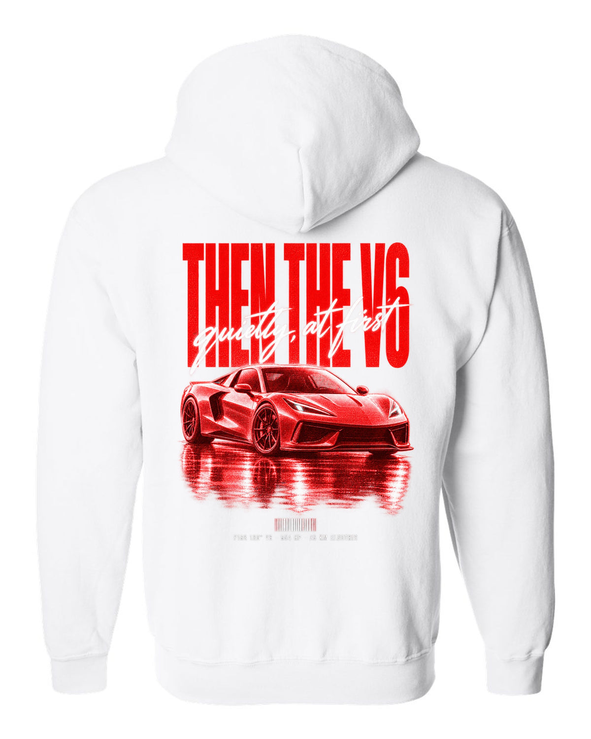 Ferrari 296 GTB 2022 street poster print, F163 120 degree V6, 654 HP, 25 km electric white zip hoodie back view with the design